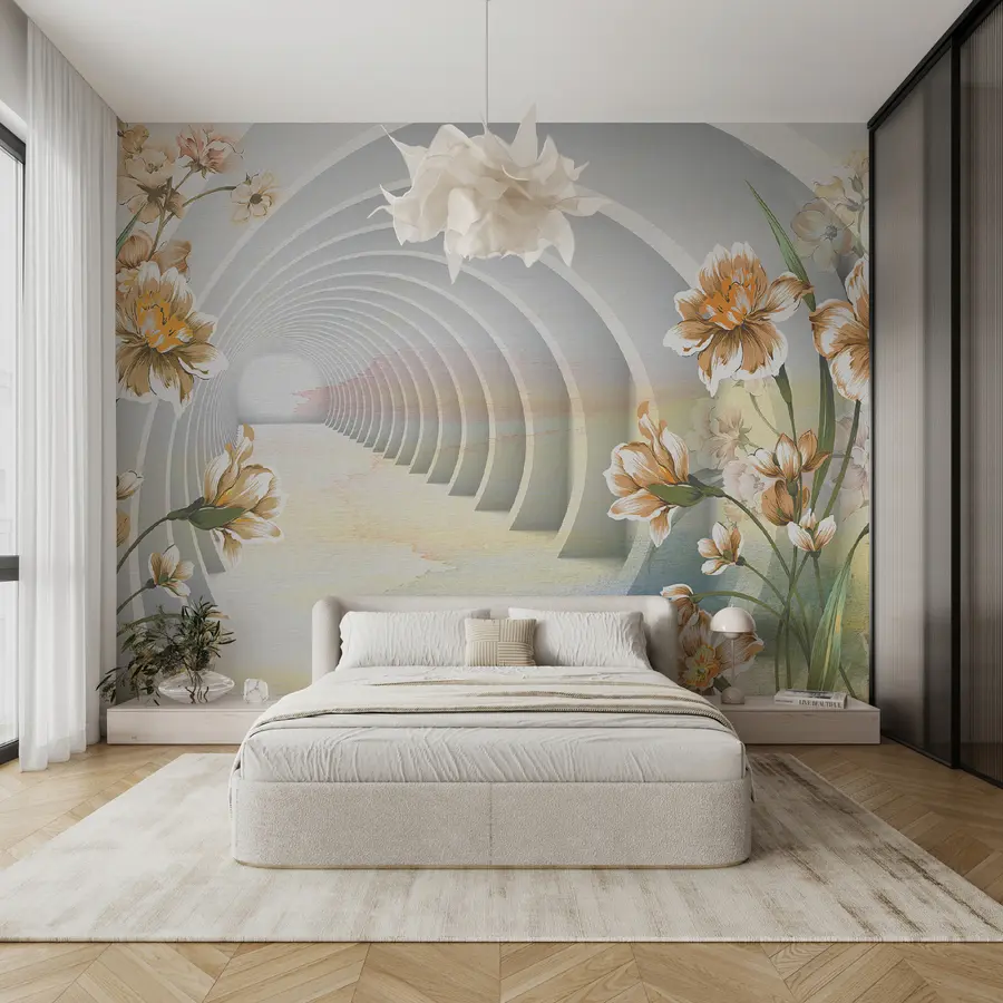 Papier peint Tunnel 3D et fleurs u04401