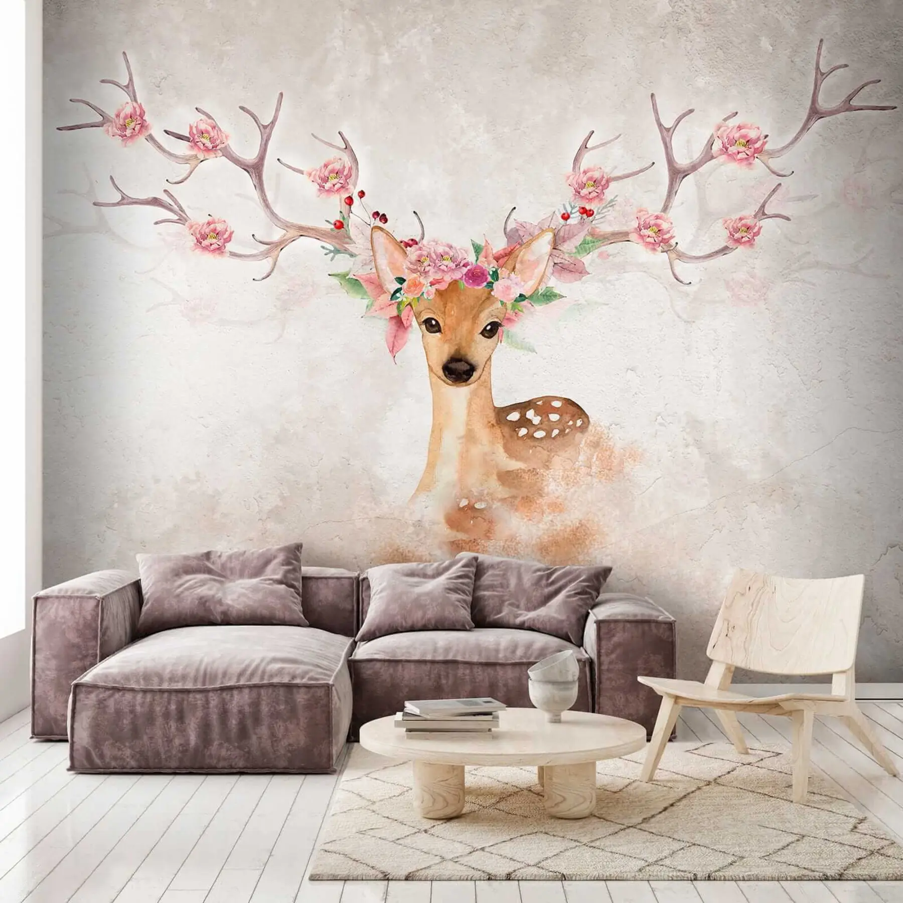 Papier peint Cerf avec des fleurs sur les bois u04671