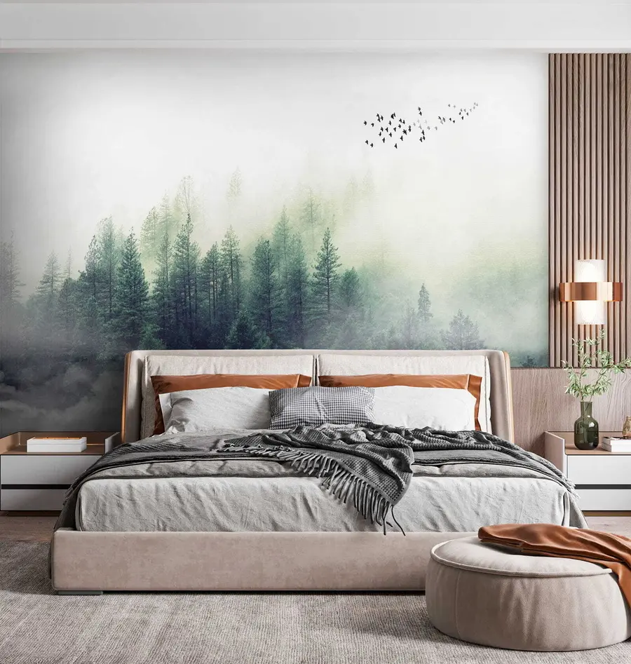 Papier peint Forêt et oiseaux dans le brouillard u10882