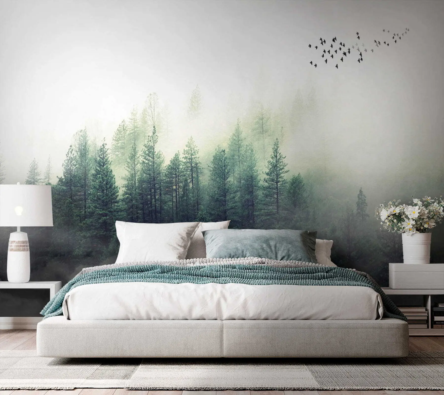 Papier peint Forêt et oiseaux dans le brouillard u10882