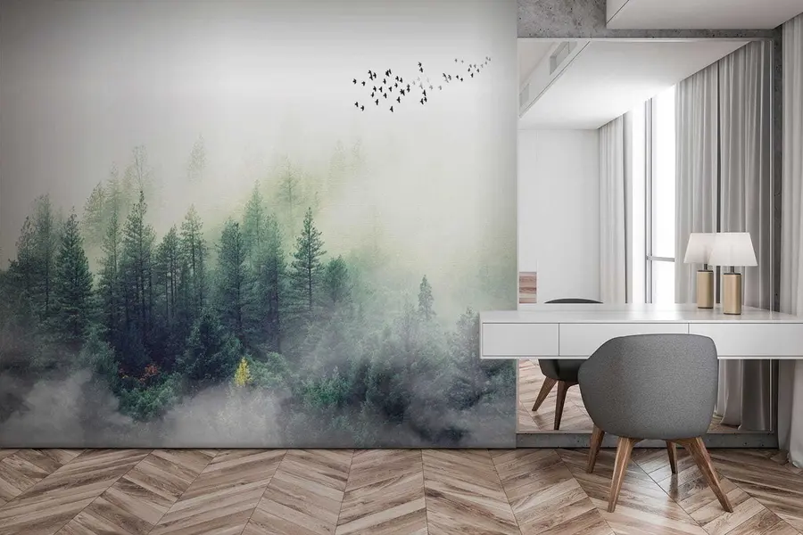 Papier peint Forêt et oiseaux dans le brouillard u10882