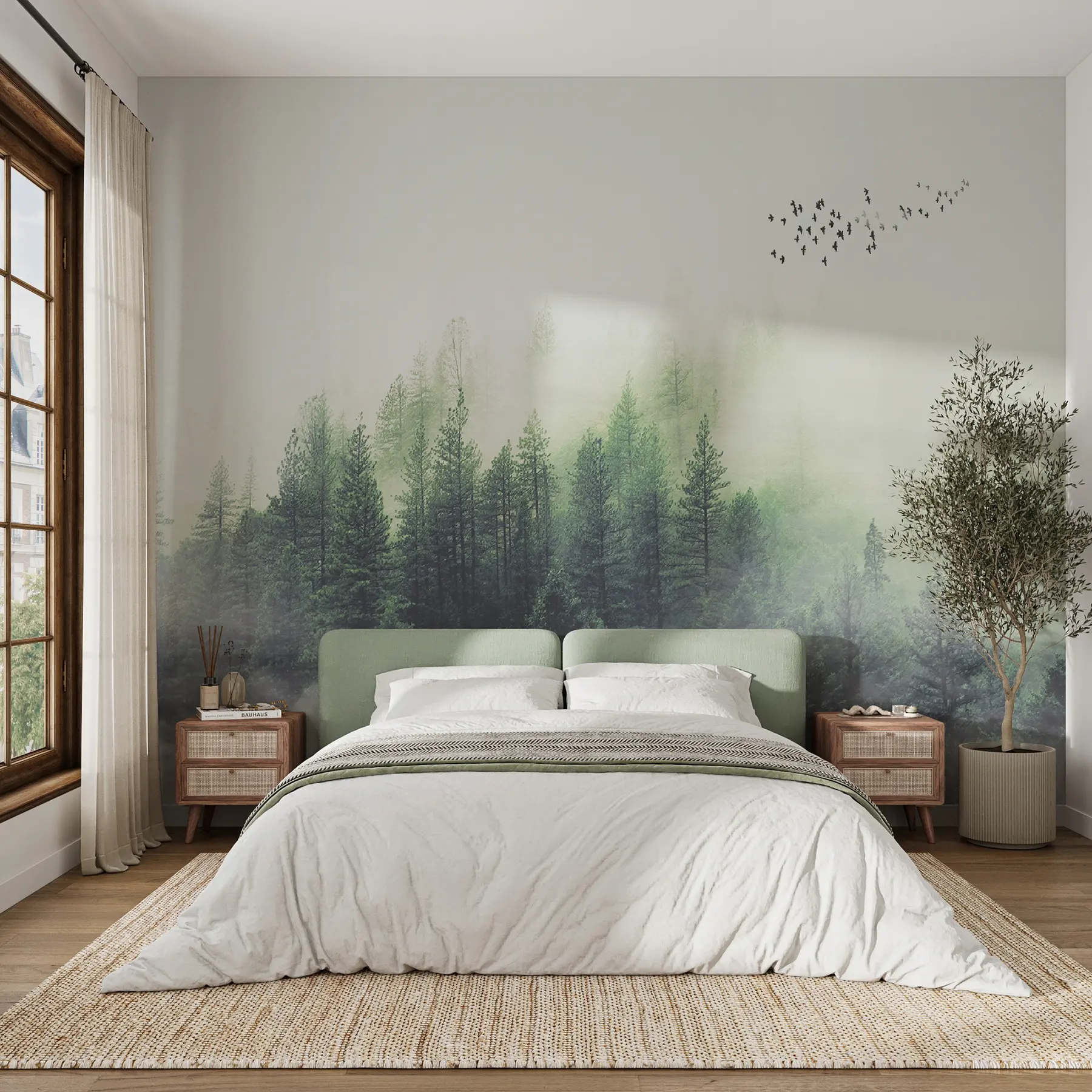 Papier peint Forêt et oiseaux dans le brouillard u10882