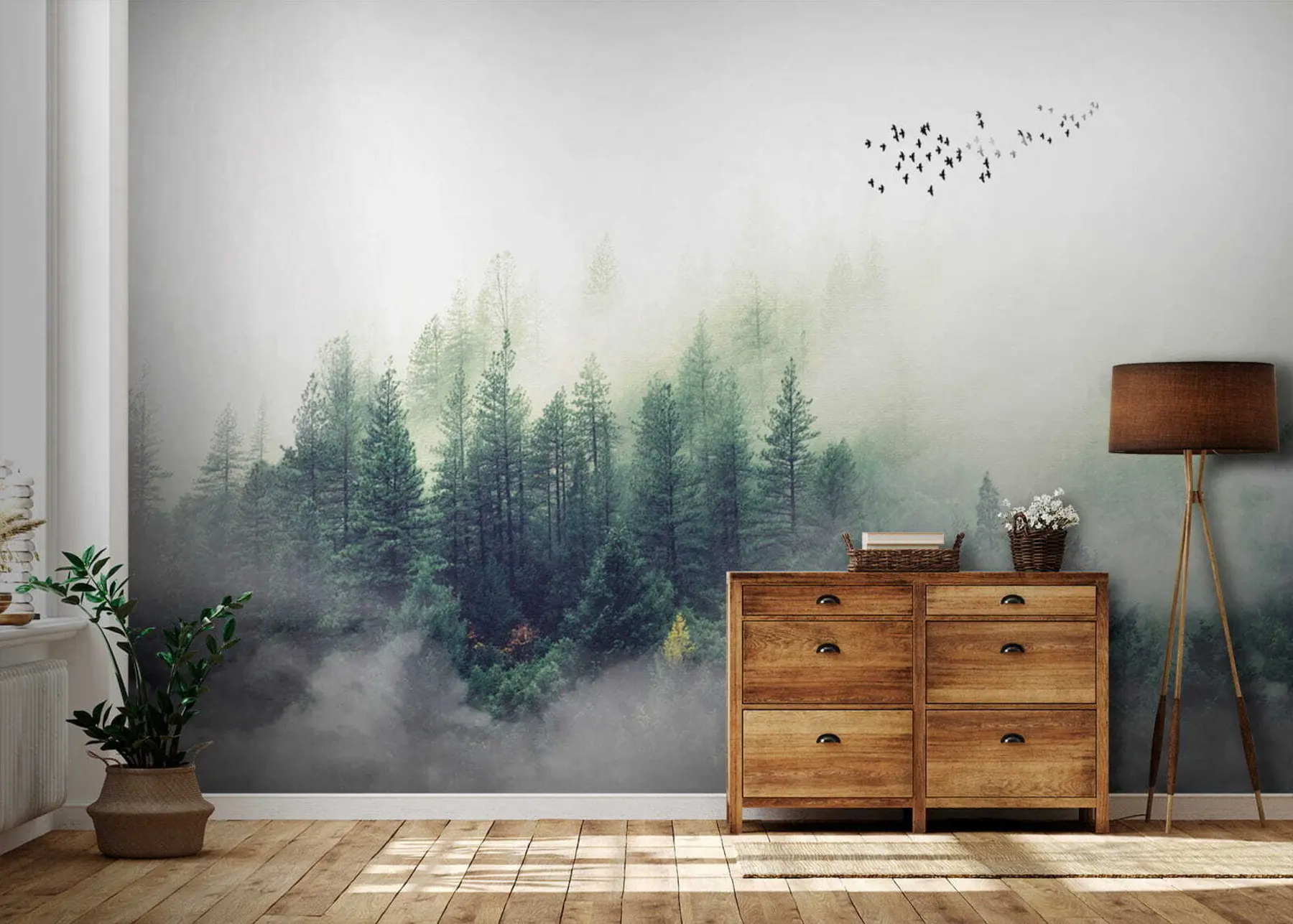 Papier peint Forêt et oiseaux dans le brouillard u10882