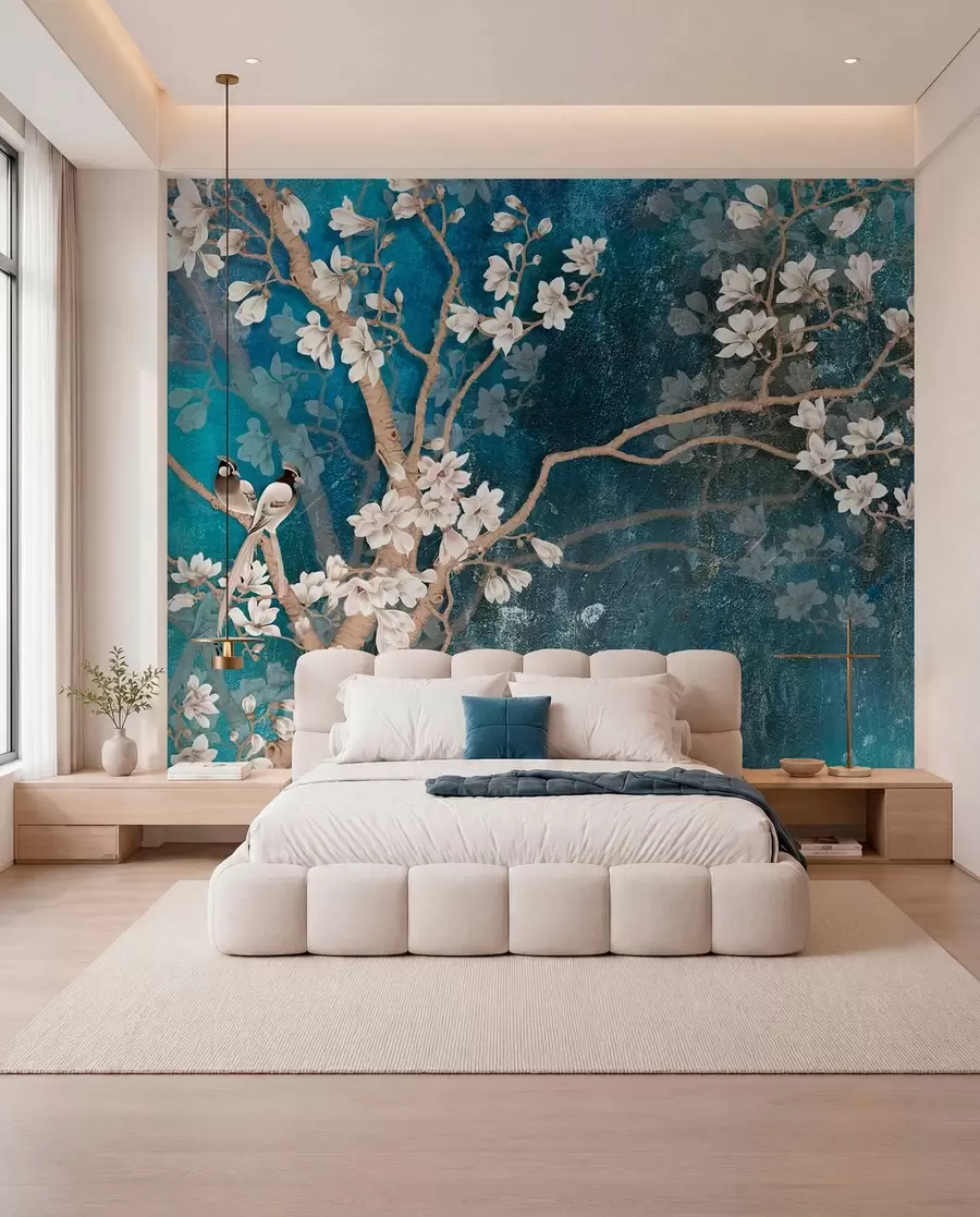 Papier peint Oiseaux et fleurs sur bleu u12150