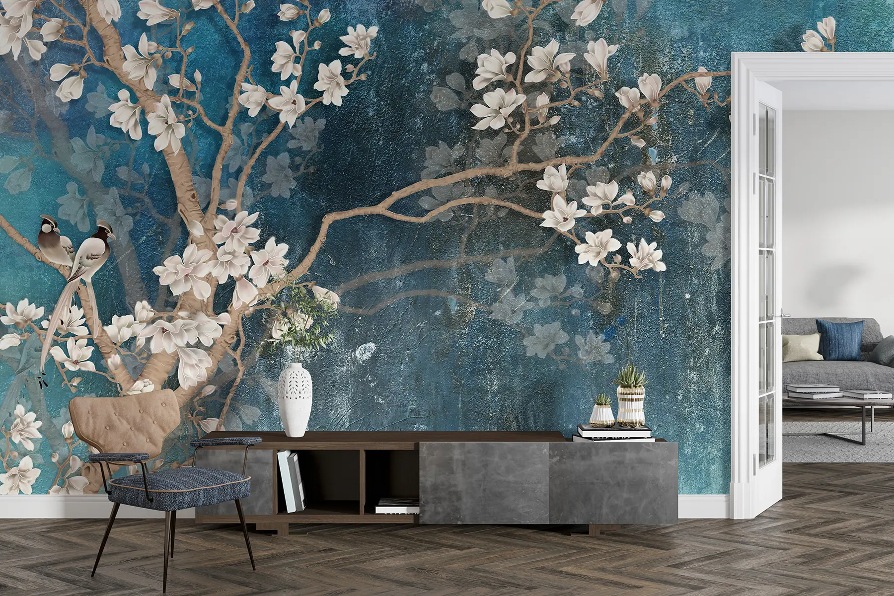 Papier peint Branches et oiseaux en fleurs u12150