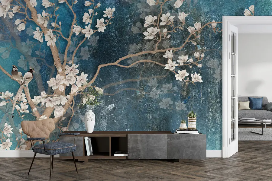 Papier peint Branches et oiseaux en fleurs u12150