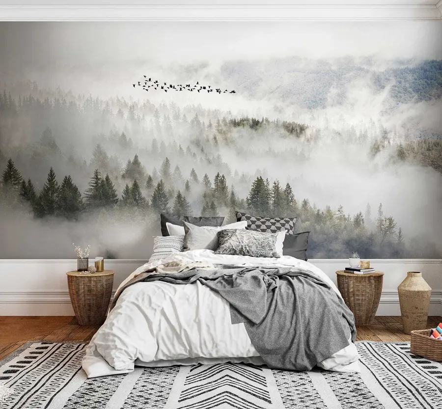 Papier peint Forêt de brouillard et oiseaux u13823