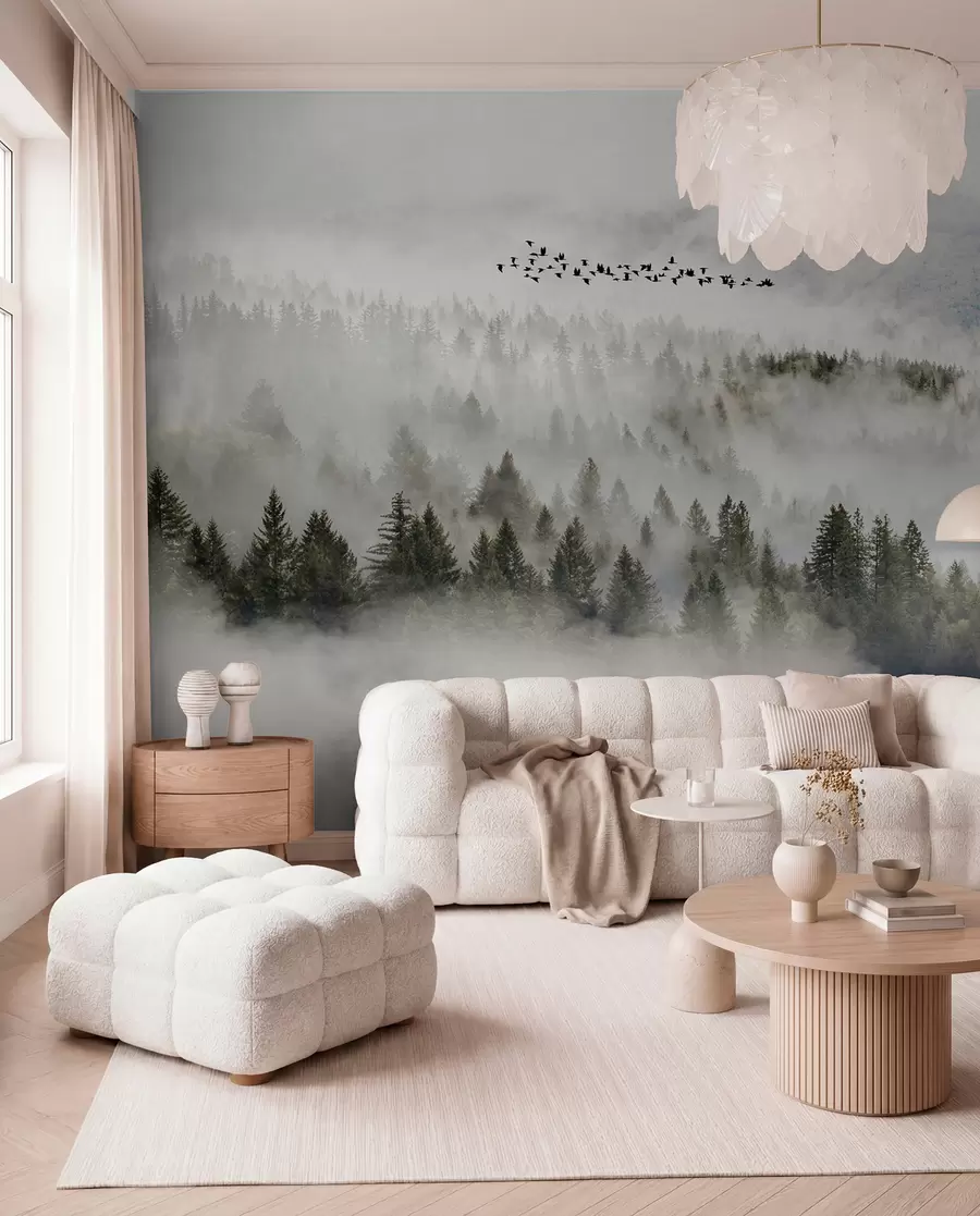 Papier peint Forêt de brouillard et oiseaux u13823