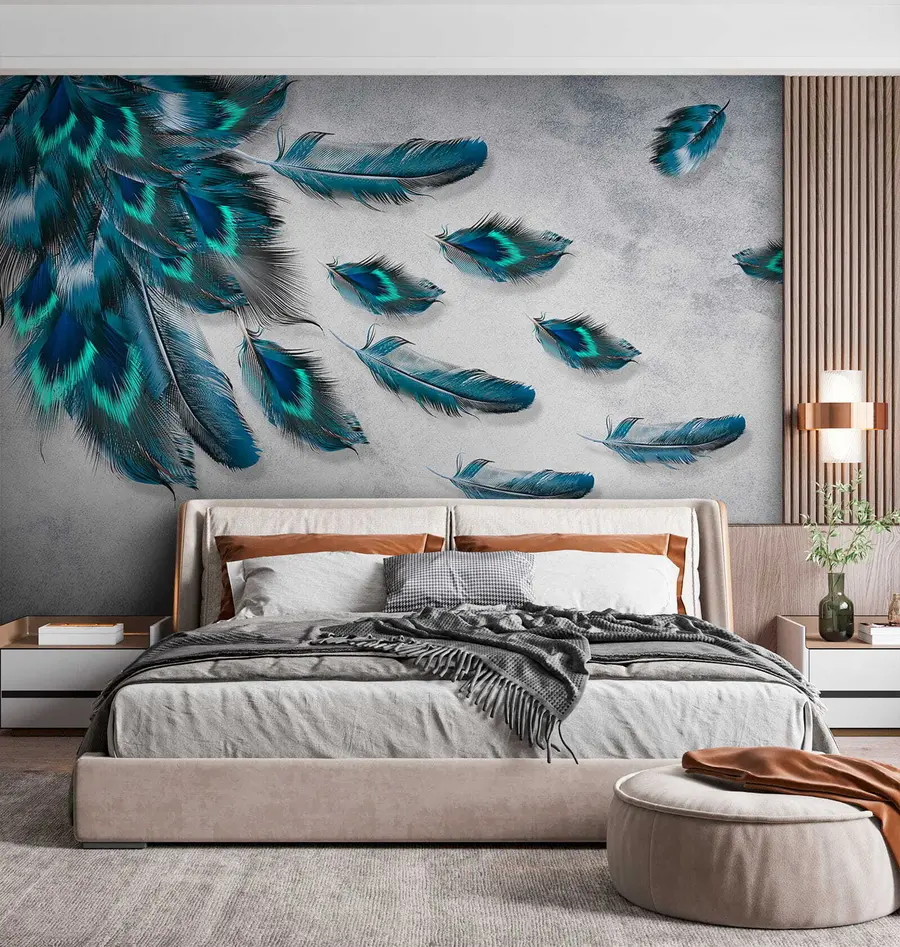 Papier peint Plumes de paon sur le fond du mur de béton u29836