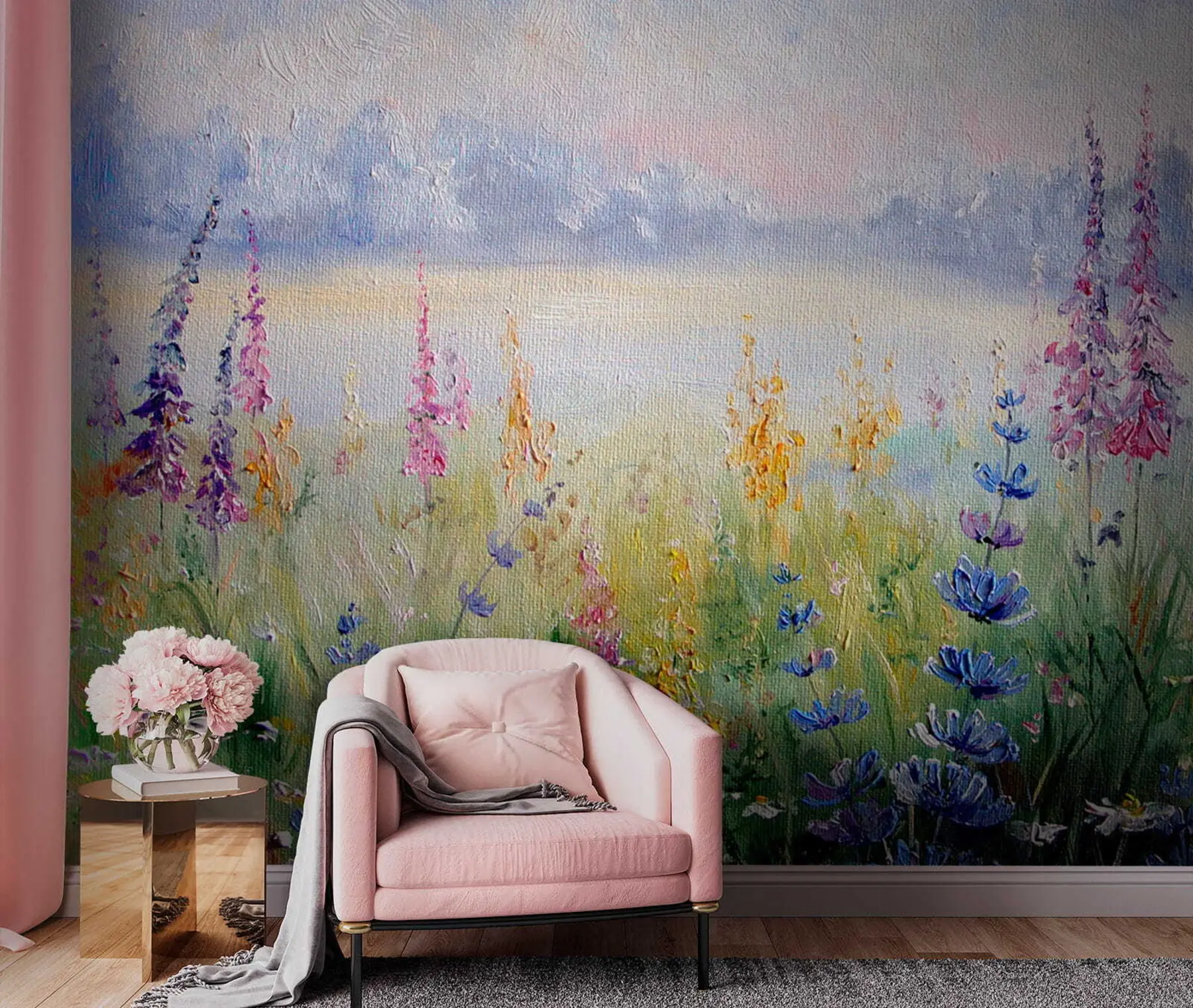 Papier peint Prairie de fleurs, peinture à l'huile u30067