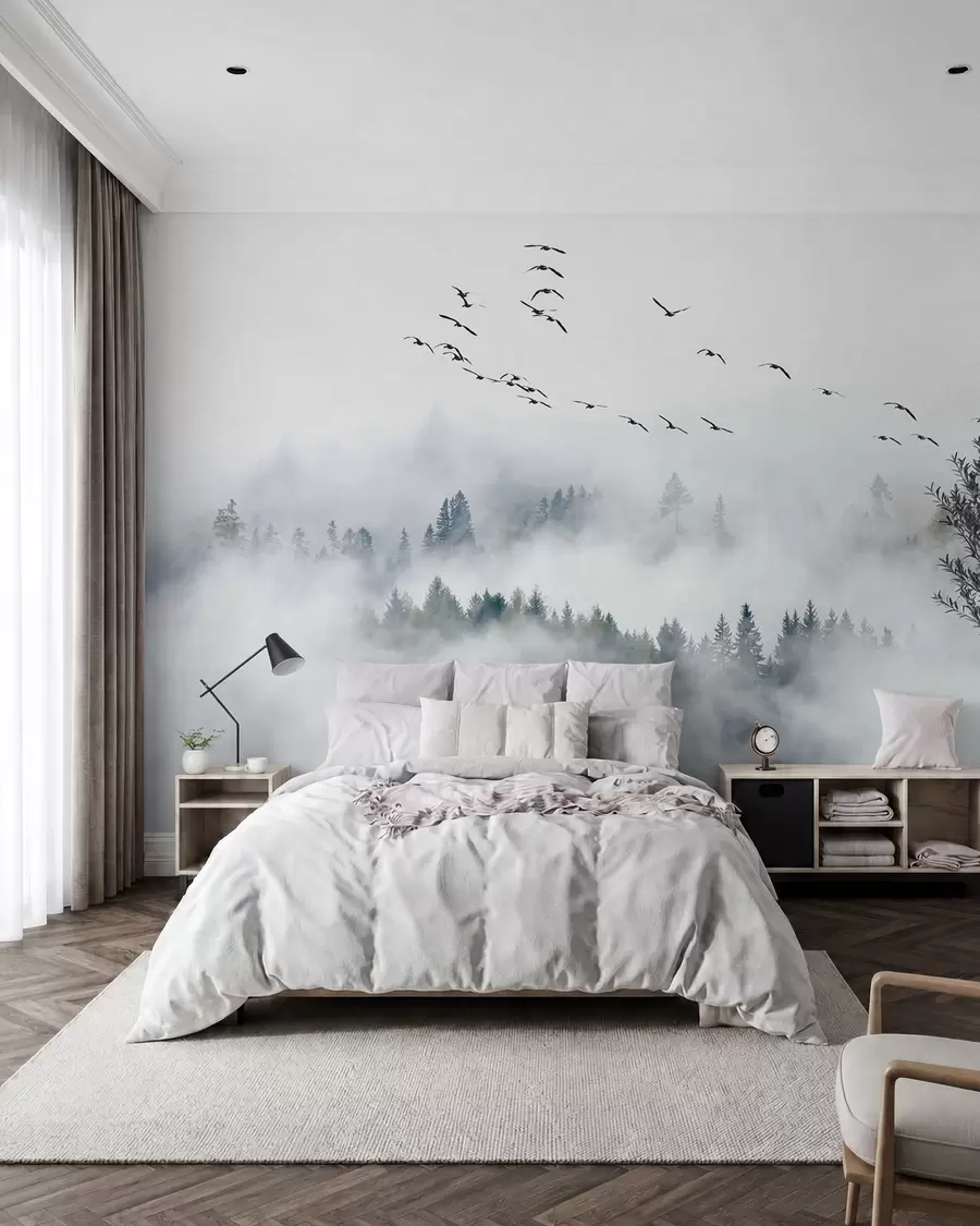 Papier peint Forêt de brouillard et oiseaux u32480