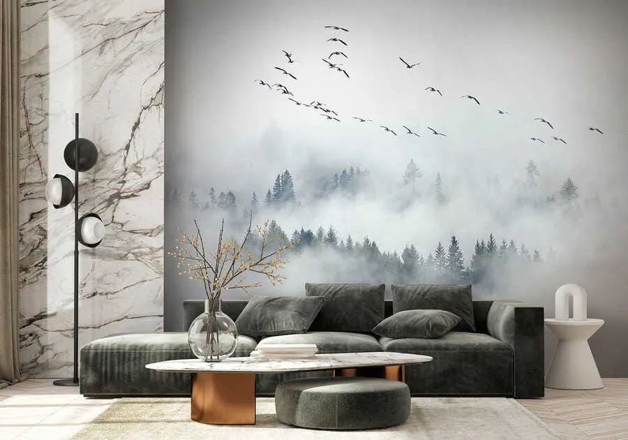 Papier peint Forêt de brouillard et oiseaux u32480