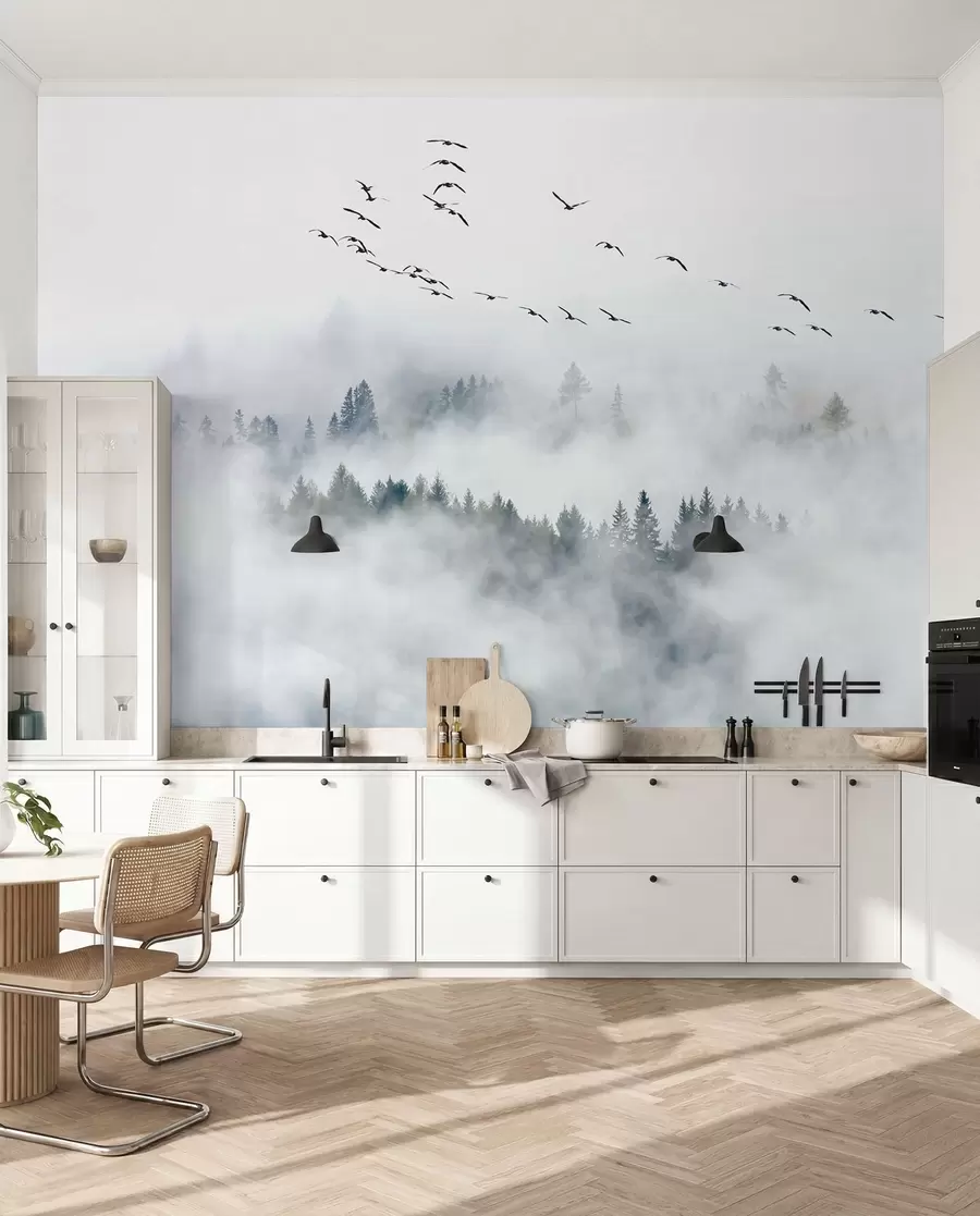 Papier peint Forêt de brouillard et oiseaux u32480