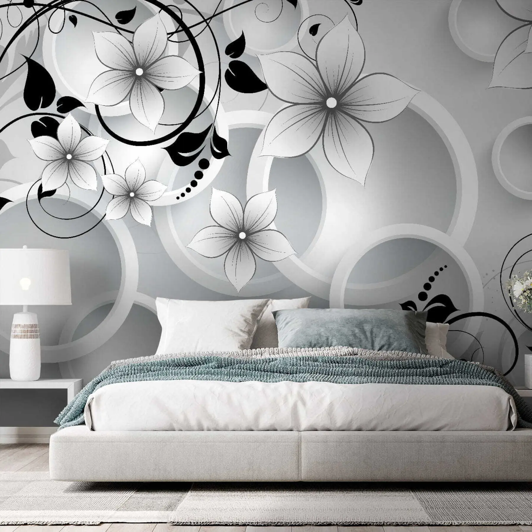 Papier peint Fleurs blanches et vignes noires u37888