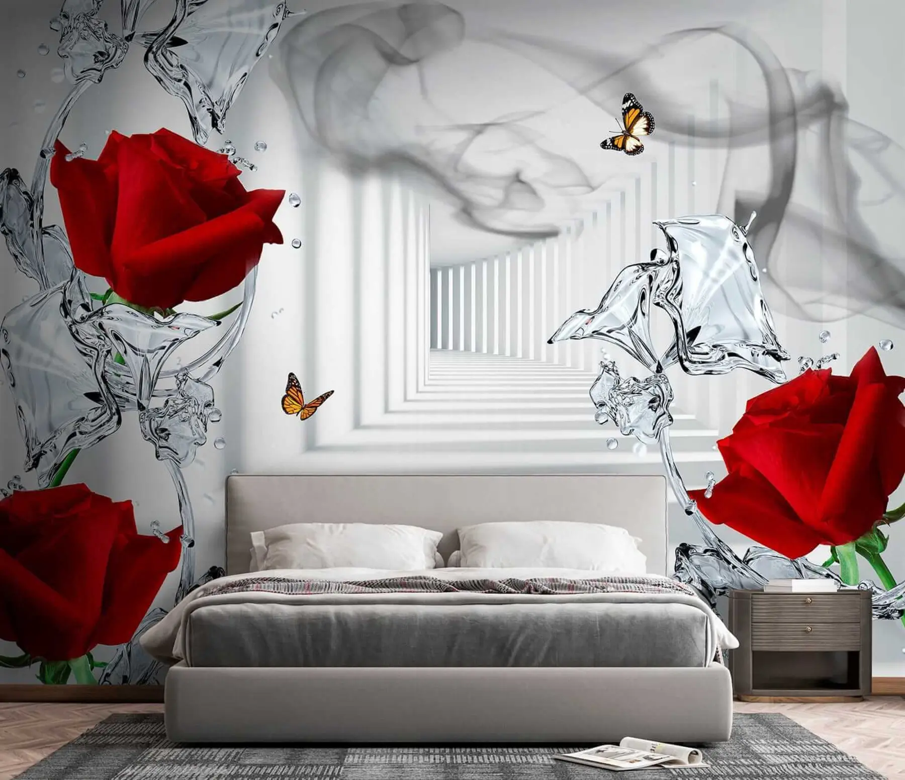 Papier peint Roses rouges et éclaboussures d'eau u41092