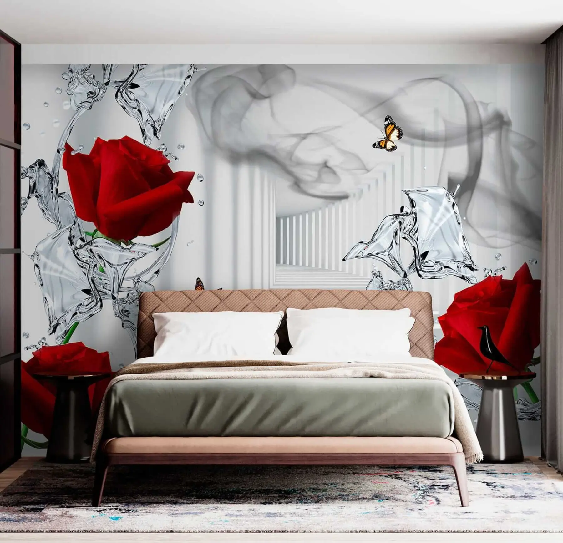 Papier peint Roses rouges et éclaboussures d'eau u41092