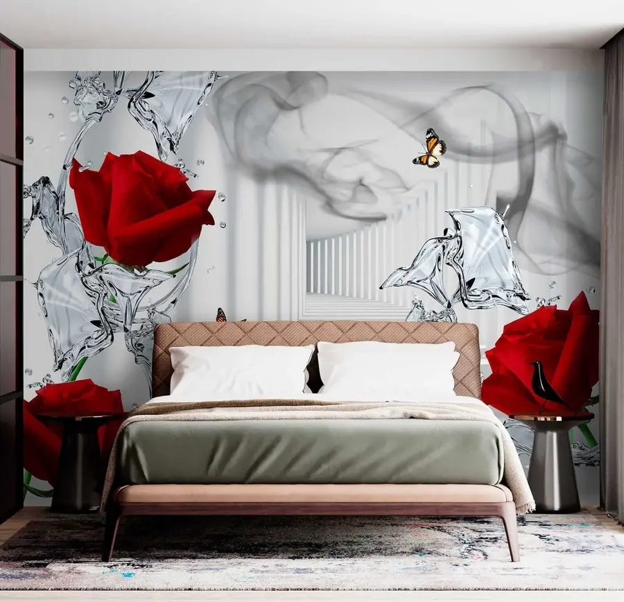 Papier peint Roses rouges et éclaboussures d'eau u41092