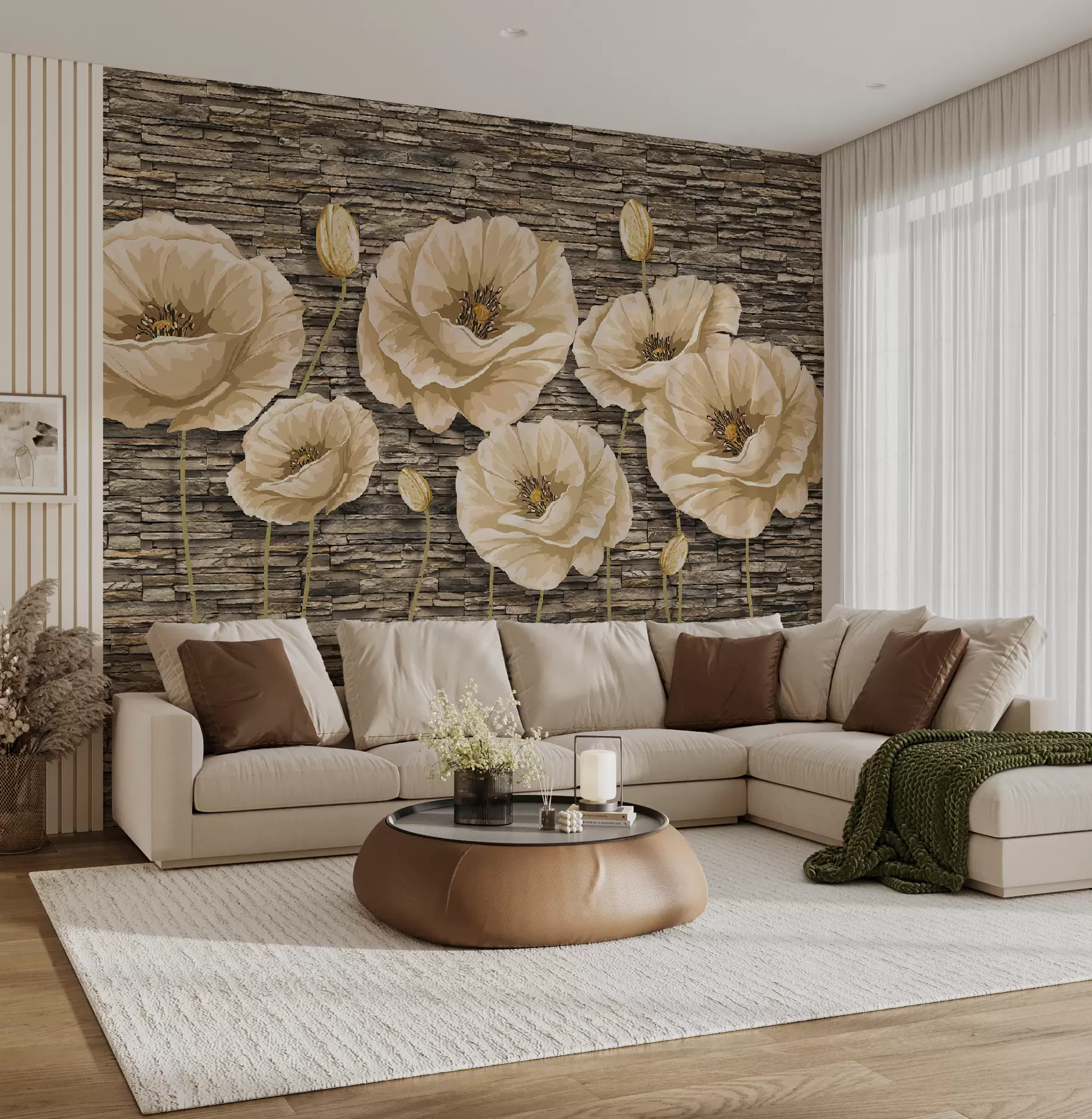 Papier peint Fleurs sur le fond d'un mur de pierre u41855