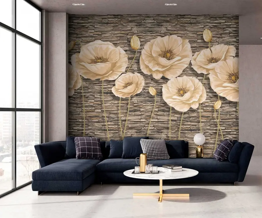Papier peint Fleurs sur le fond d'un mur de pierre u41855