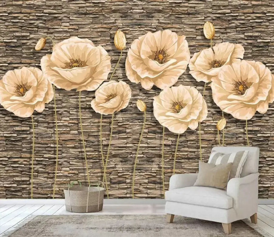 Papier peint Fleurs sur le fond d'un mur de pierre u41855