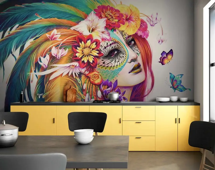 Papier peint Fille avec des plumes et des fleurs u46277