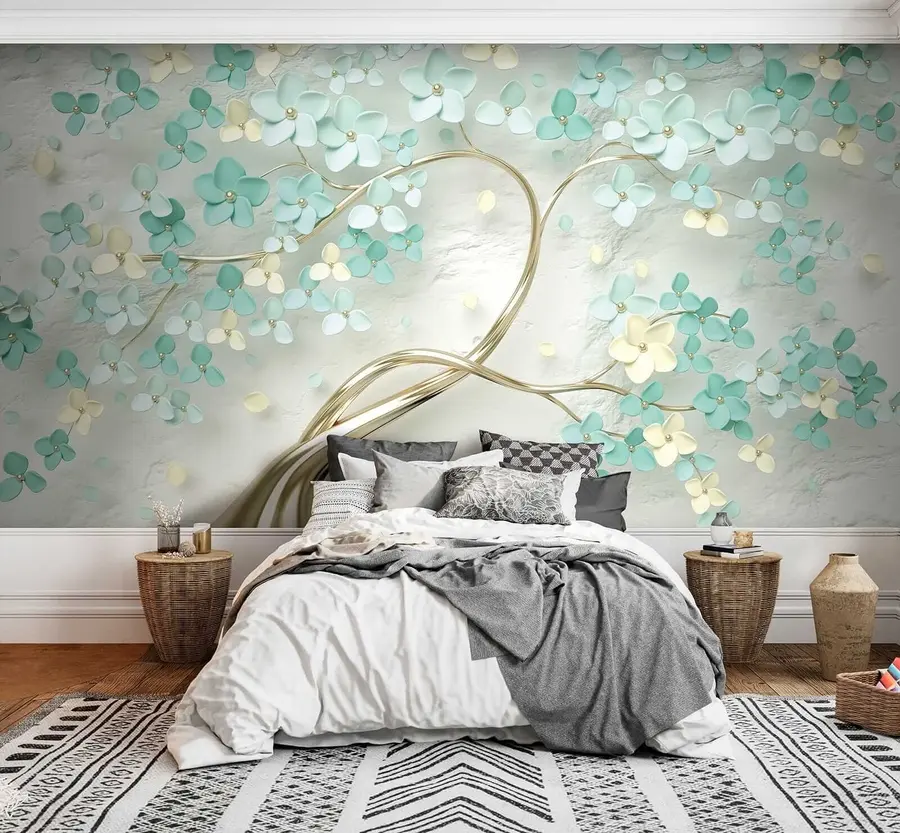 Papier peint Arbre doré à fleurs bleues u52550
