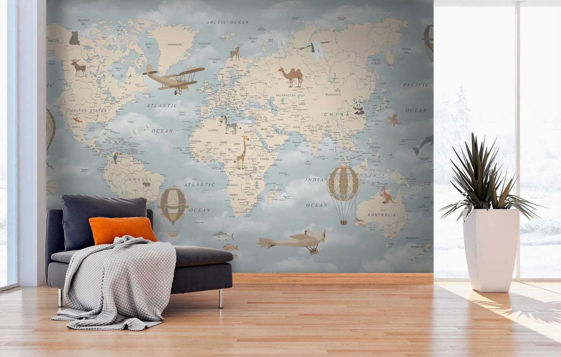 Papier peint Carte du monde pour enfants avec avion u60135