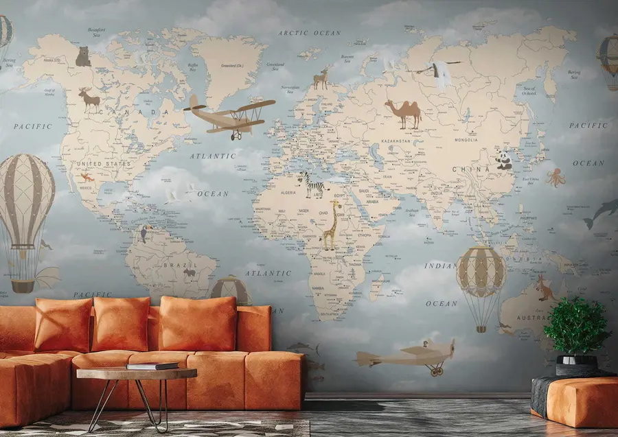 Papier peint Carte du monde pour enfants avec avion u60135