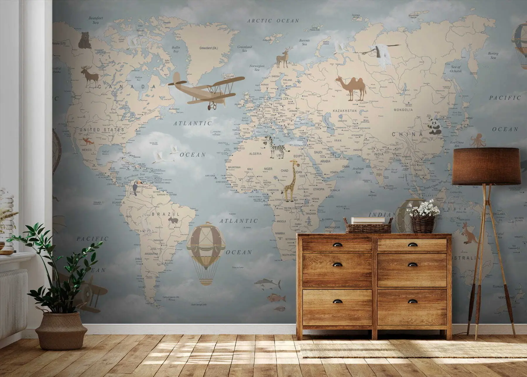 Papier peint Carte du monde pour enfants avec avion u60135