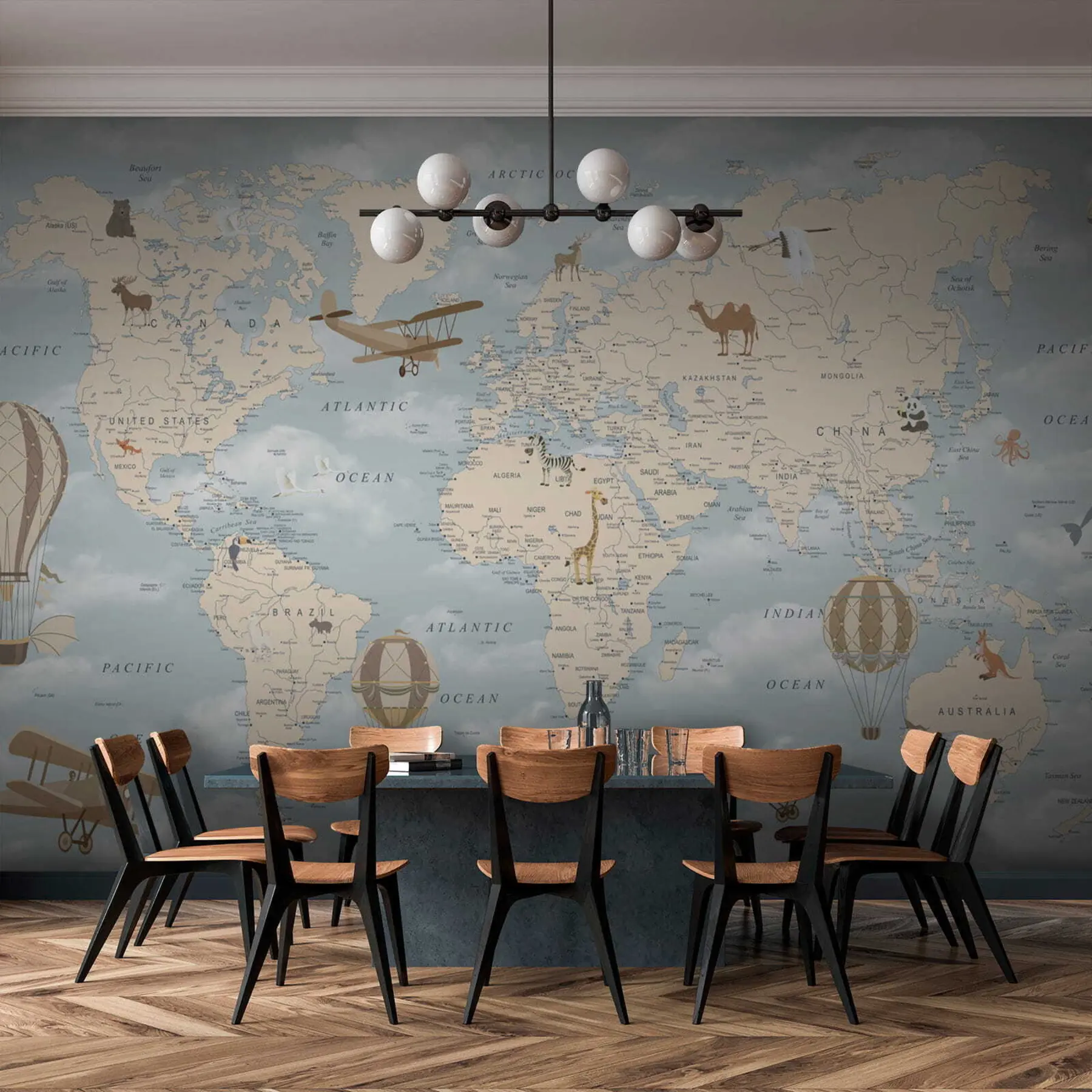 Papier peint Carte du monde pour enfants avec avion u60135