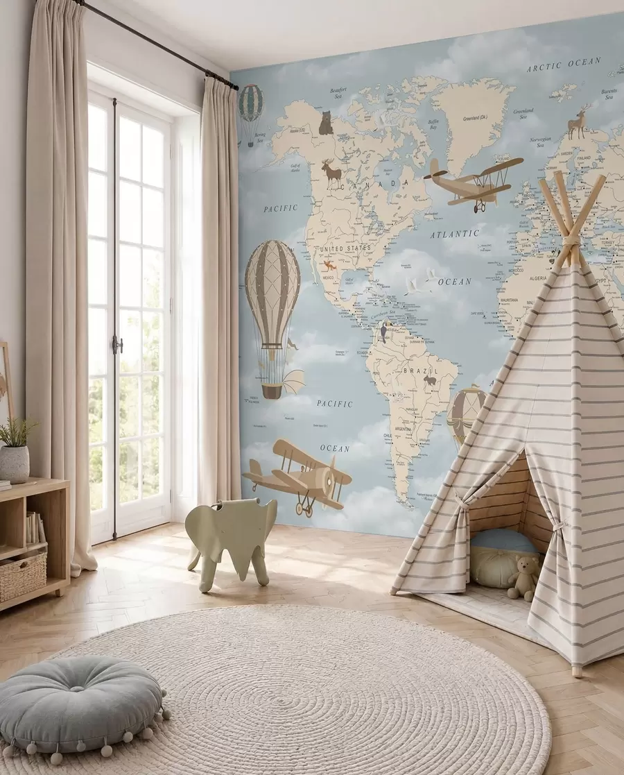 Papier peint Carte du monde pour enfants avec avion u60135