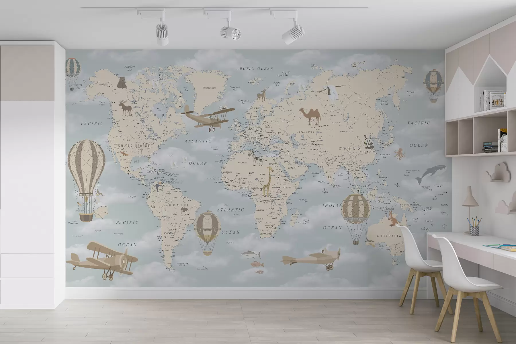 Papier peint Carte du monde pour enfants avec avion u60135