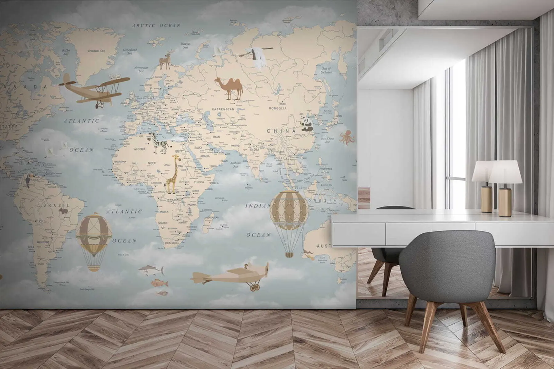 Papier peint Carte du monde pour enfants avec avion u60135