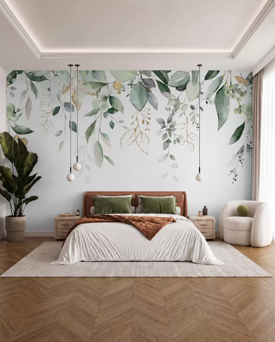 Papier peint Feuille d'eucalyptus suspendue sur fond blanc u95506d2
