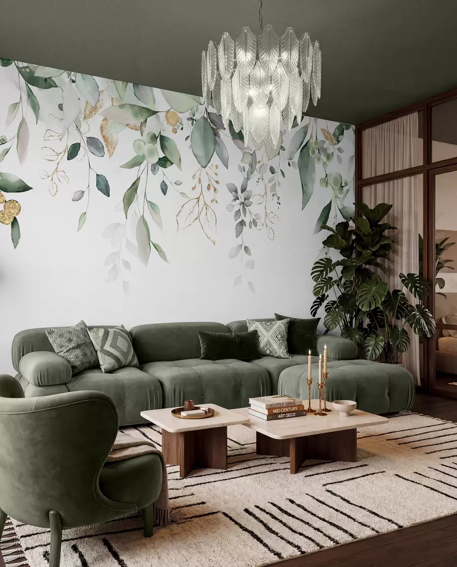 Papier peint Feuille d'eucalyptus suspendue sur fond blanc u95506d2