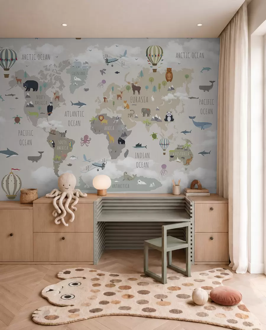 Papier peint Carte du monde avec animaux et ballons u96461d1