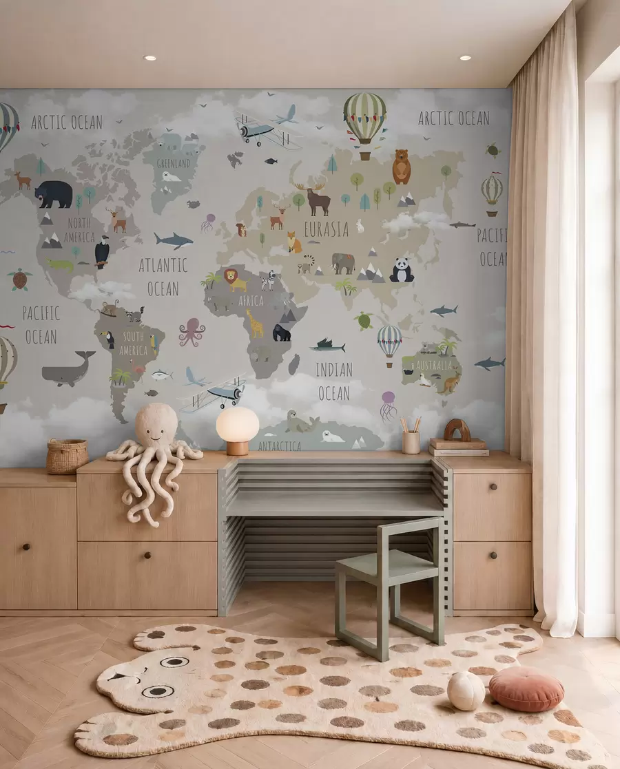Papier peint Carte du monde avec animaux et ballons u96461d2