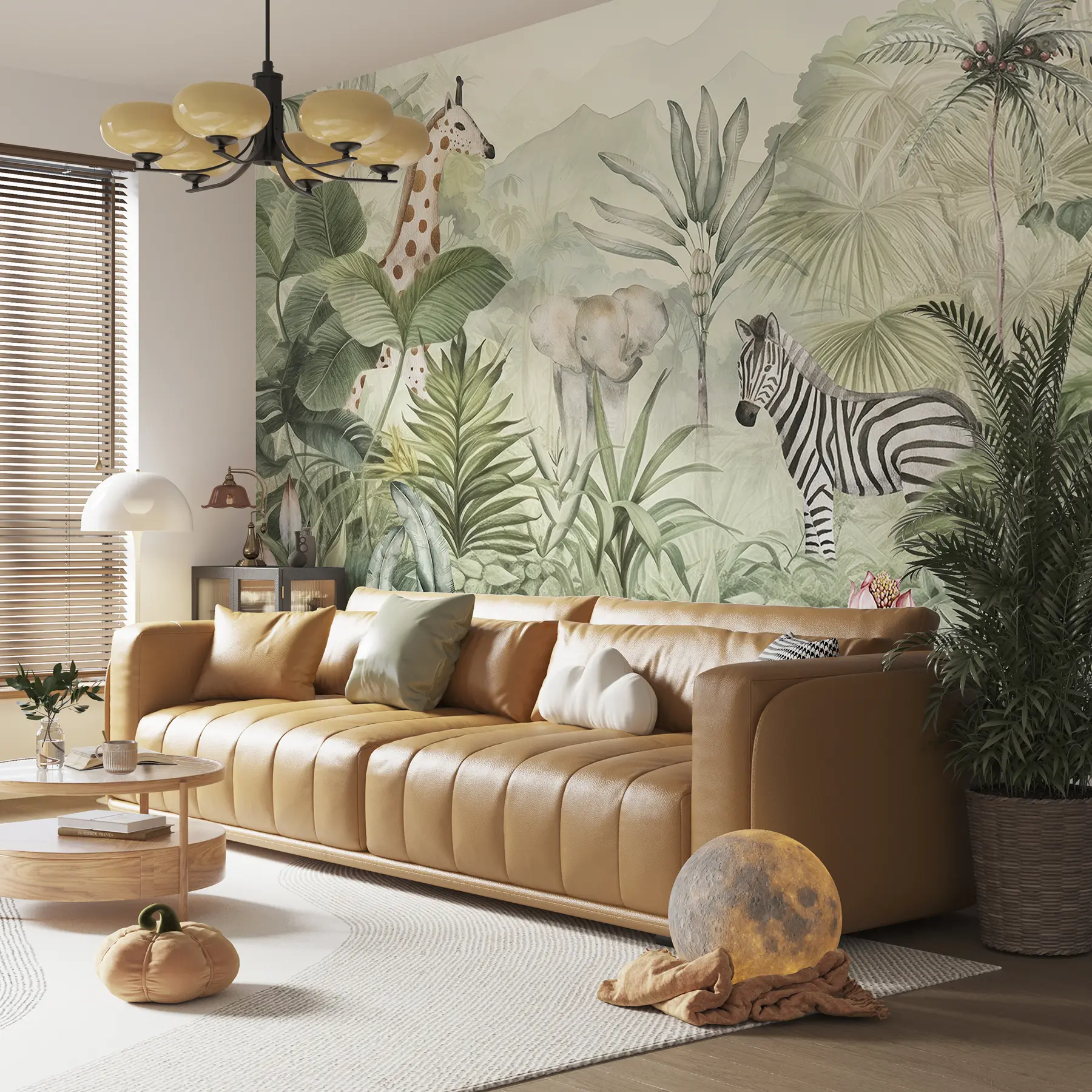 Papier peint Jungle forestière, palmiers, girafe, éléphant, zèbre, aquarelle, verdure, bananier, fleurs w00089