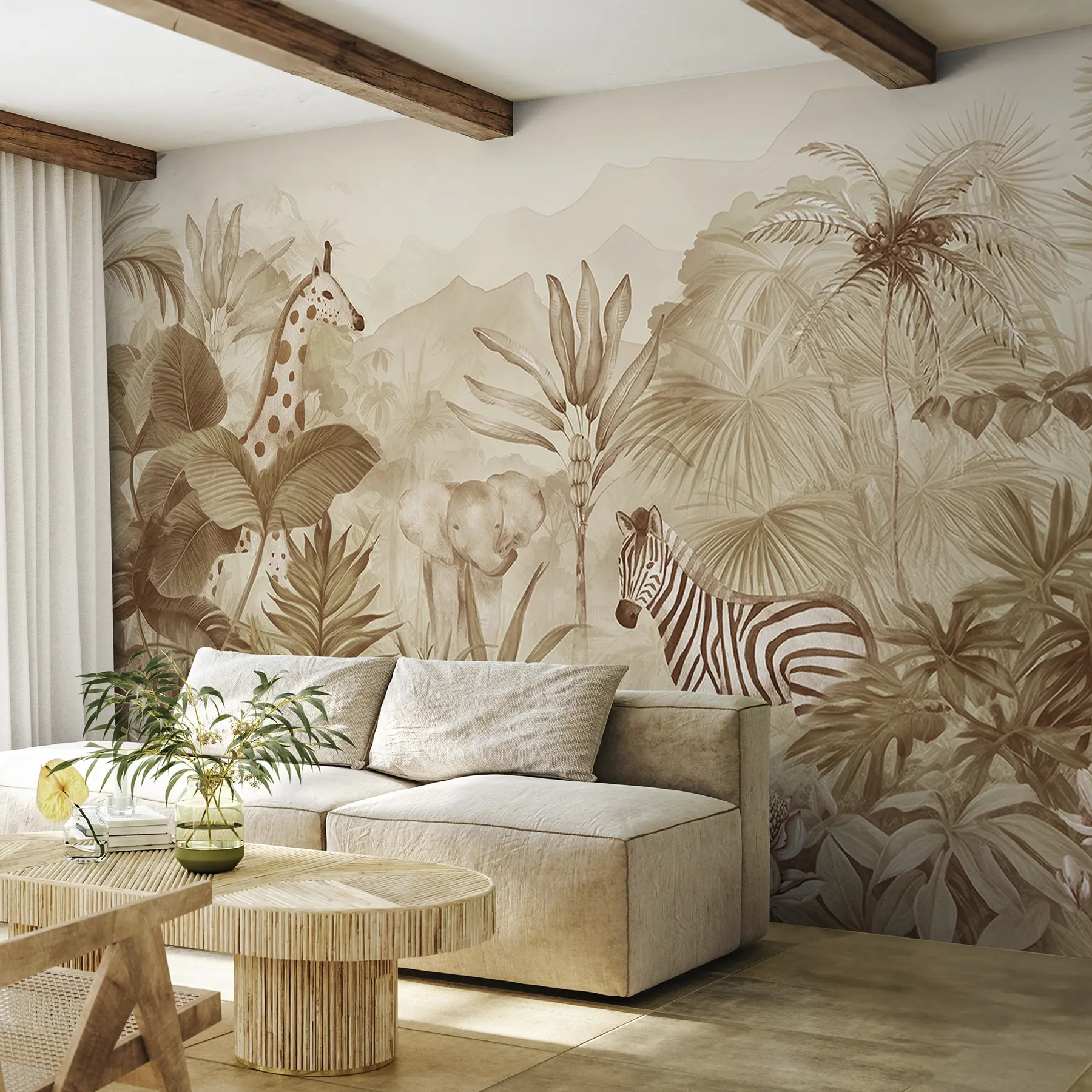 Papier peint Jungle forestière, palmiers, girafe, éléphant, zèbre, aquarelle, couleur beige, bananier, fleurs w00089v1