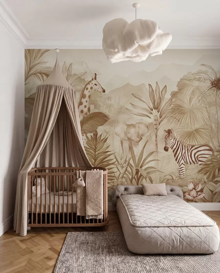 Papier peint Jungle forestière, palmiers, girafe, éléphant, zèbre, aquarelle, couleur beige, bananier, fleurs w00089v1