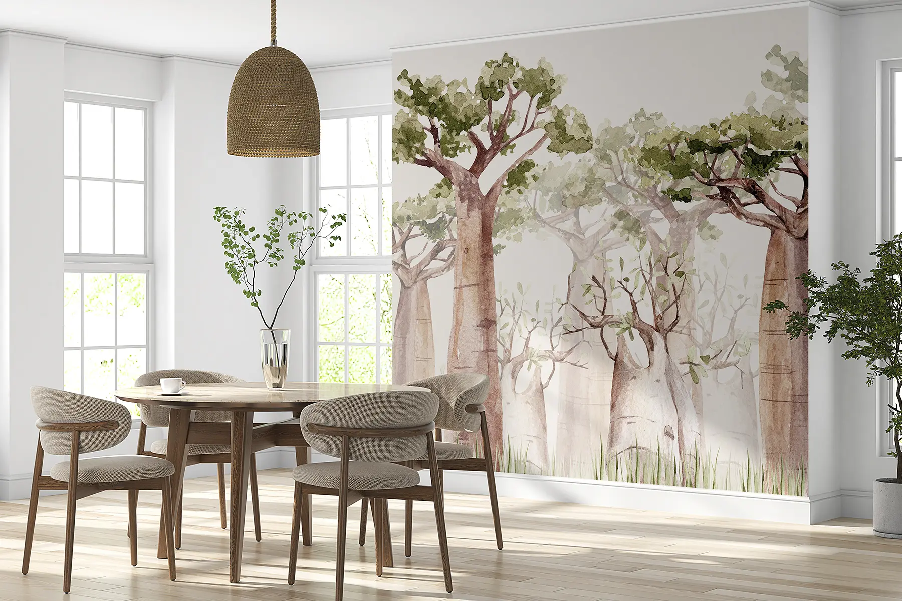 Papier peint Baobab, thème safari, forêt, couleurs beige et verte w00082