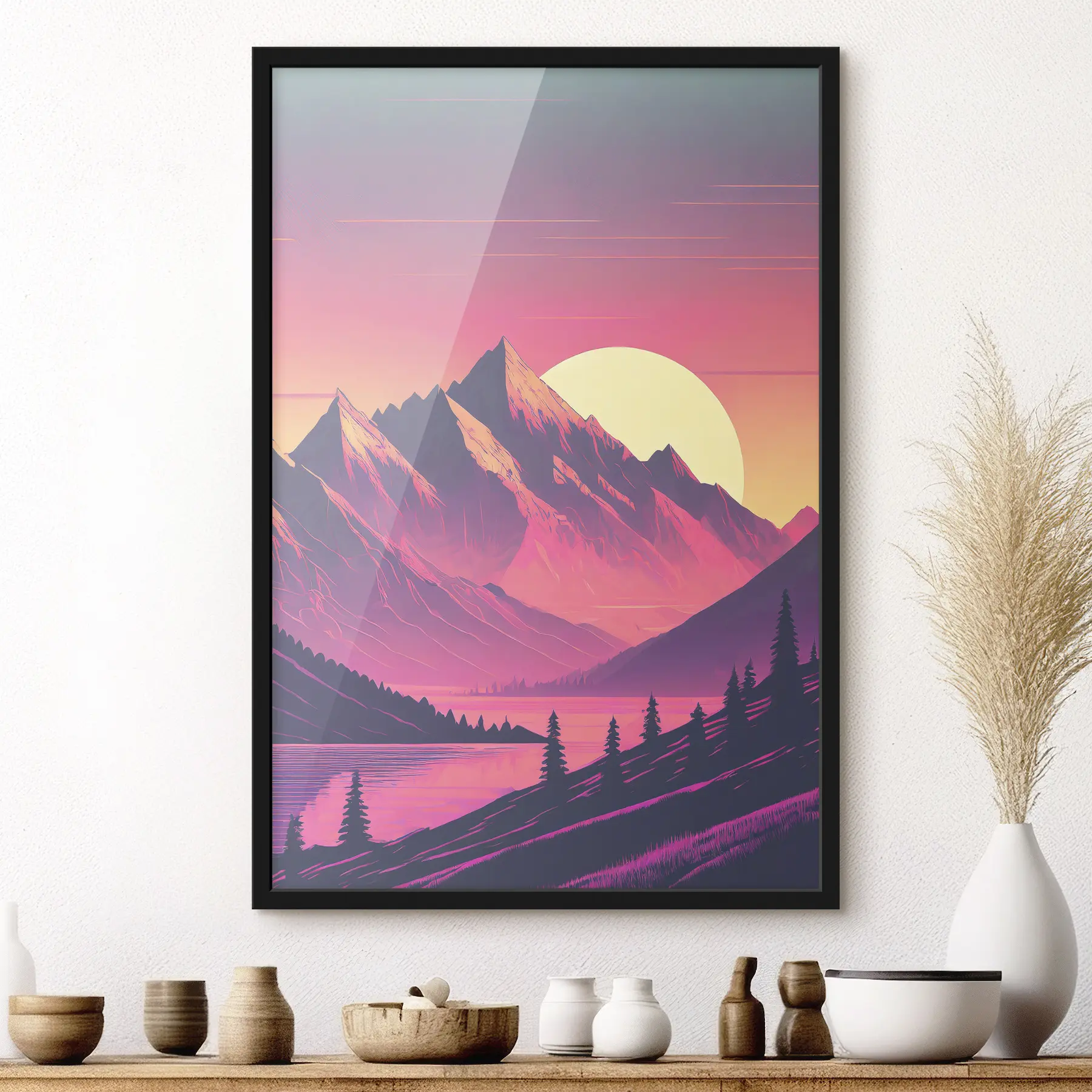 Papier peint Abstrait montagnes paysage, couleurs vives, rose, coucher de soleil ciel, futuriste, soleil, forêt f38000