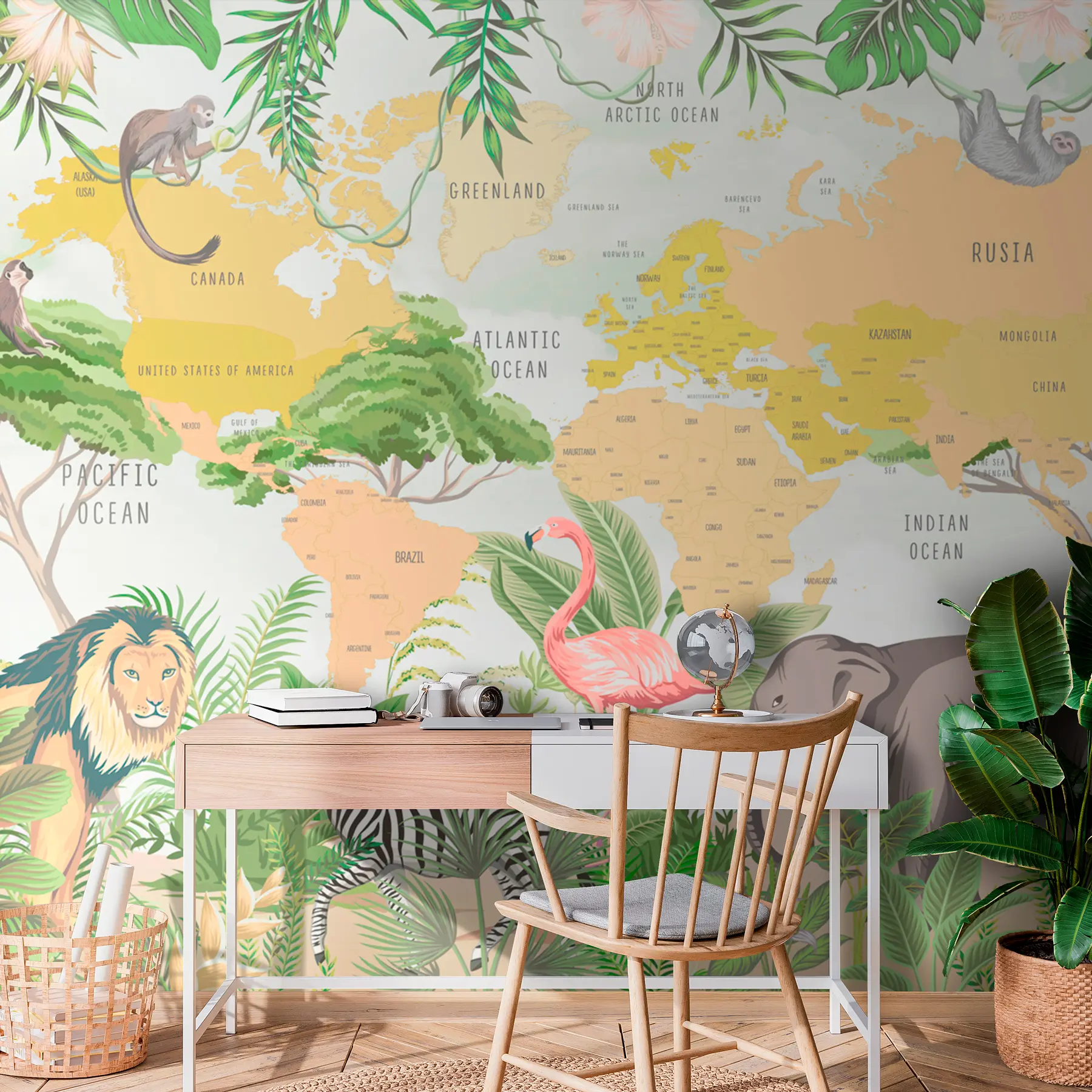 Papier peint Carte du monde pour enfants dans un style tropical Jungle et animaux w00373