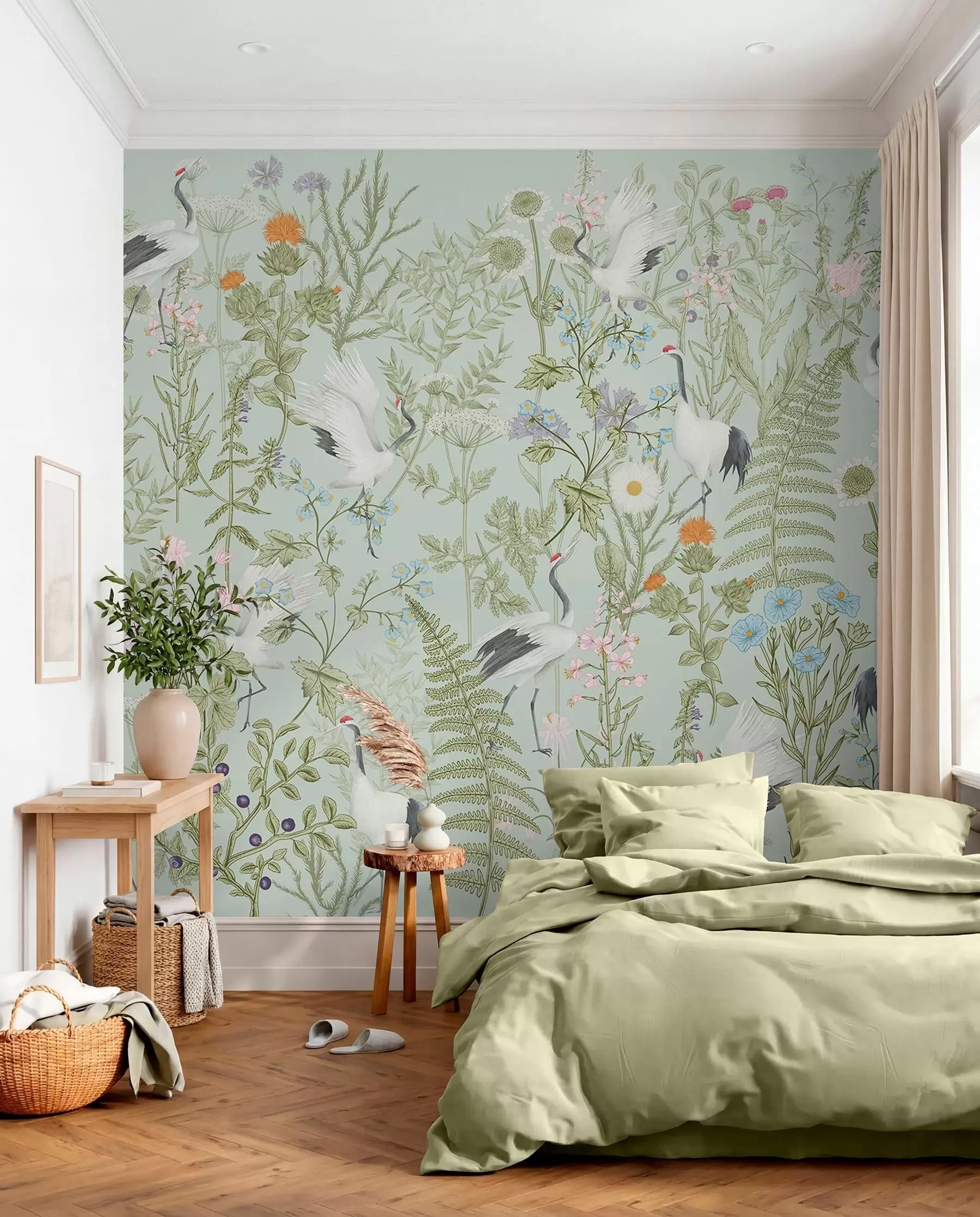Papier peint Ornement de fleurs avec oiseaux, style rustique, botanique, prairie, fond bleu w00380v4