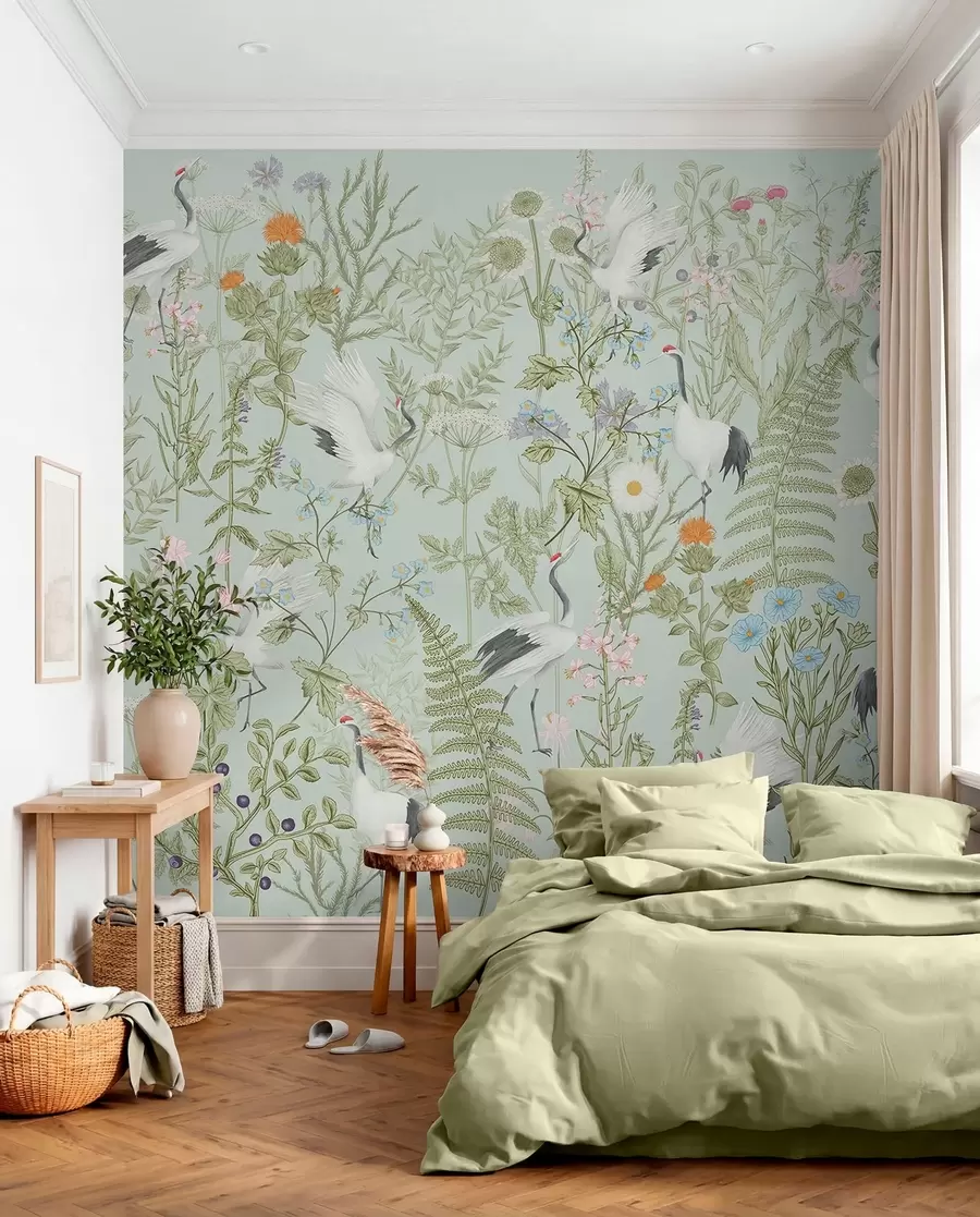 Papier peint Ornement de fleurs avec oiseaux, style rustique, botanique, prairie, fond bleu w00380v4