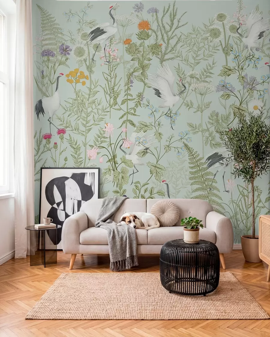 Papier peint Ornement de fleurs avec oiseaux, style rustique, botanique, prairie, fond bleu w00380v4