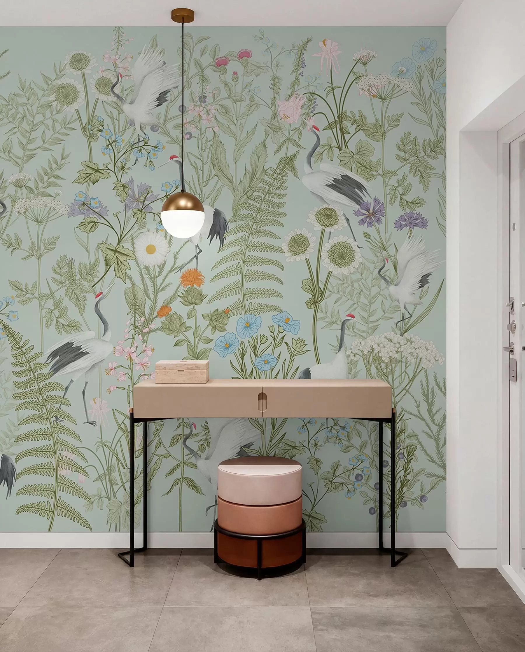 Papier peint Ornement de fleurs avec oiseaux, style rustique, botanique, prairie, fond bleu w00380v4