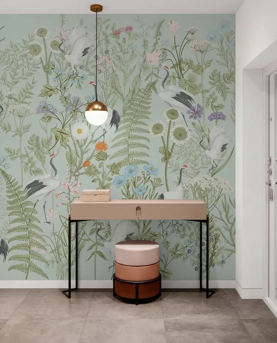 Papier peint Ornement de fleurs avec oiseaux, style rustique, botanique, prairie, fond bleu w00380v4