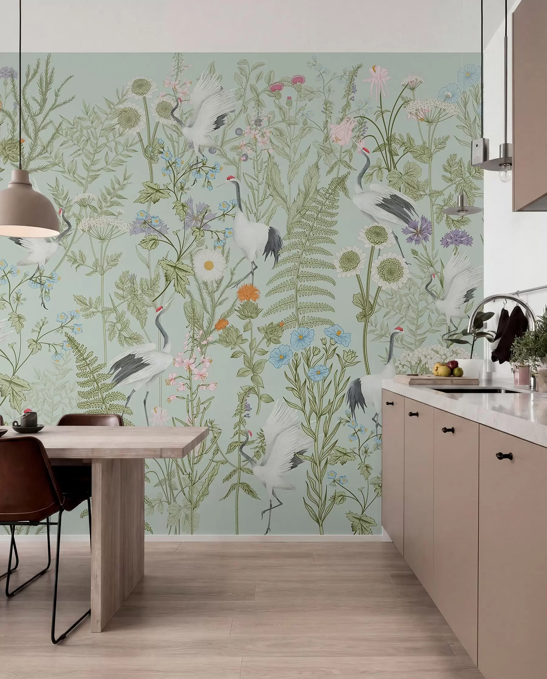Papier peint Ornement de fleurs avec oiseaux, style rustique, botanique, prairie, fond bleu w00380v4