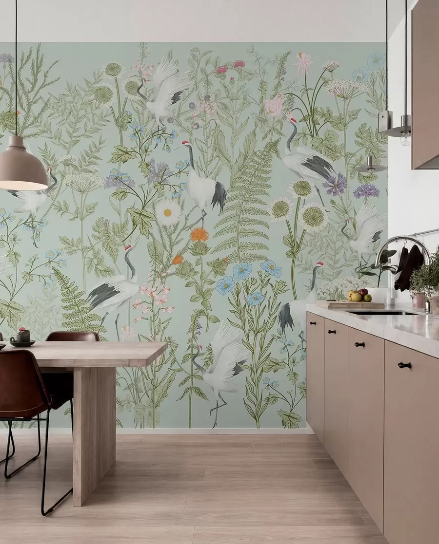 Papier peint Ornement de fleurs avec oiseaux, style rustique, botanique, prairie, fond bleu w00380v4